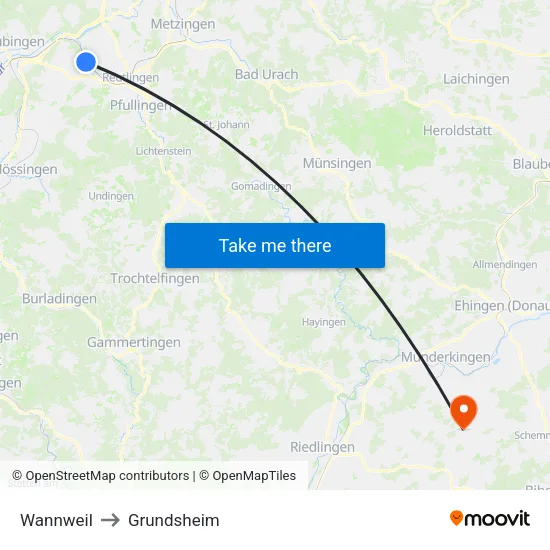Wannweil to Grundsheim map