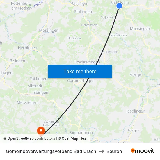 Gemeindeverwaltungsverband Bad Urach to Beuron map