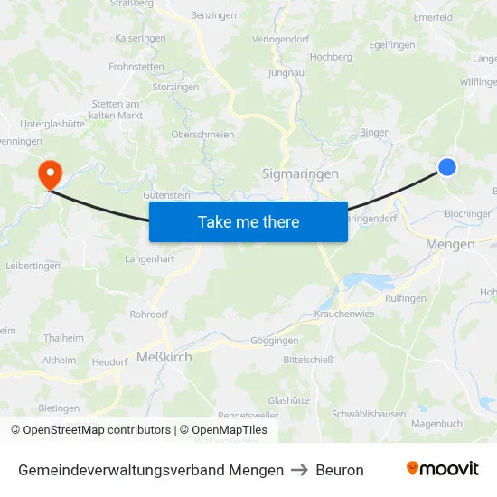 Gemeindeverwaltungsverband Mengen to Beuron map