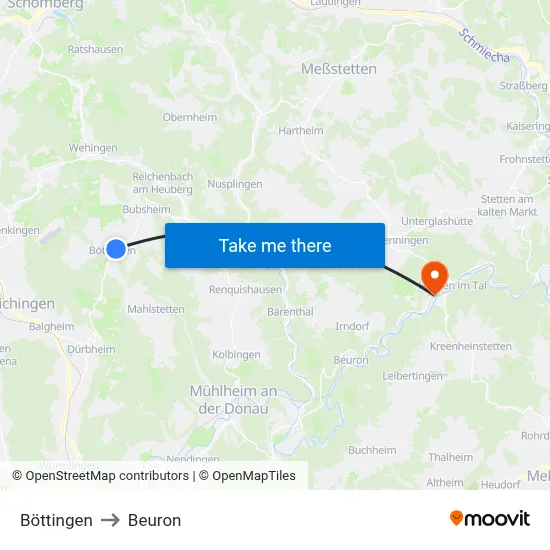 Böttingen to Beuron map