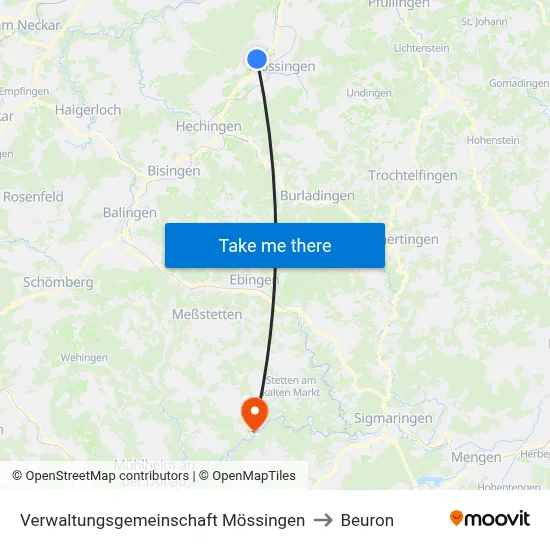 Verwaltungsgemeinschaft Mössingen to Beuron map