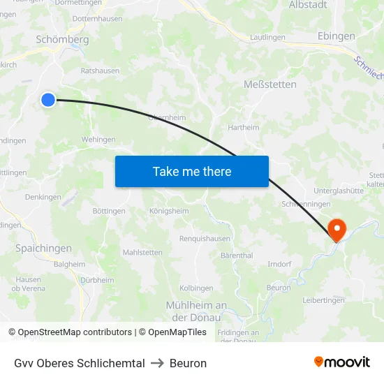 Gvv Oberes Schlichemtal to Beuron map