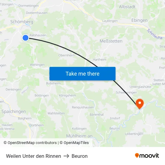 Weilen Unter den Rinnen to Beuron map