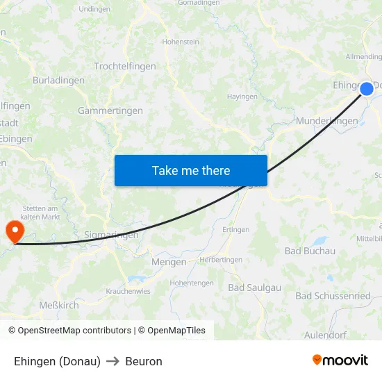 Ehingen (Donau) to Beuron map
