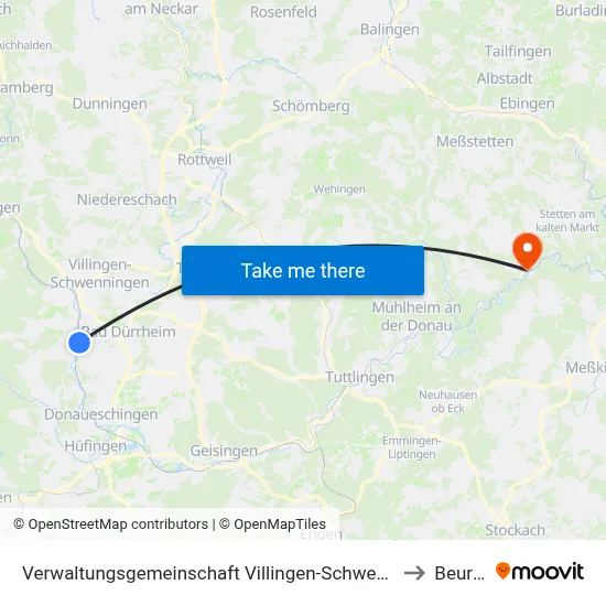 Verwaltungsgemeinschaft Villingen-Schwenningen to Beuron map