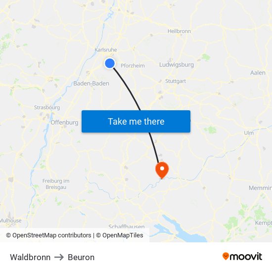 Waldbronn to Beuron map