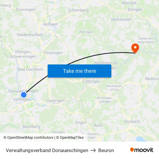 Verwaltungsverband Donaueschingen to Beuron map