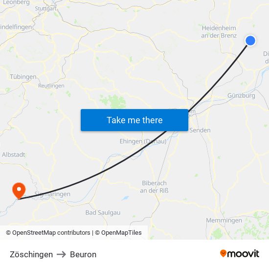 Zöschingen to Beuron map