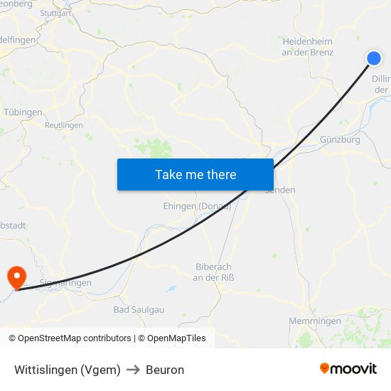Wittislingen (Vgem) to Beuron map