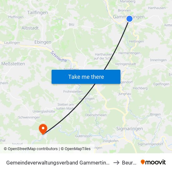 Gemeindeverwaltungsverband Gammertingen to Beuron map