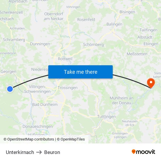 Unterkirnach to Beuron map