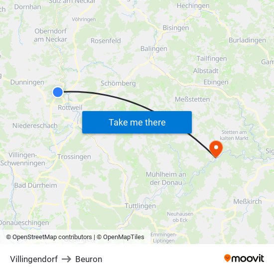 Villingendorf to Beuron map