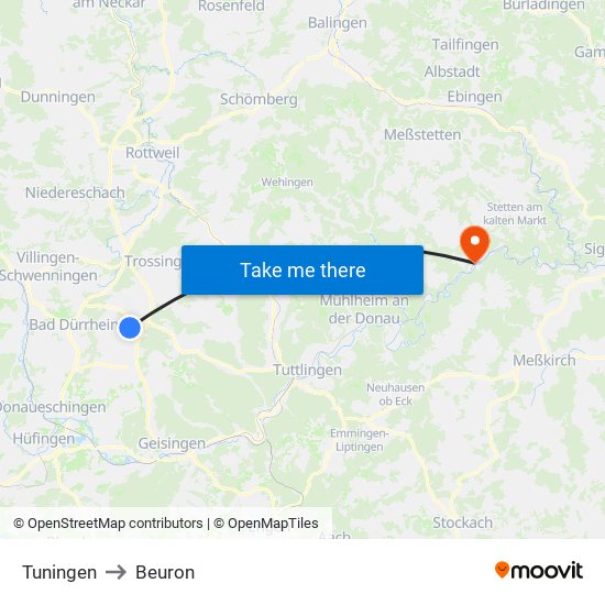 Tuningen to Beuron map