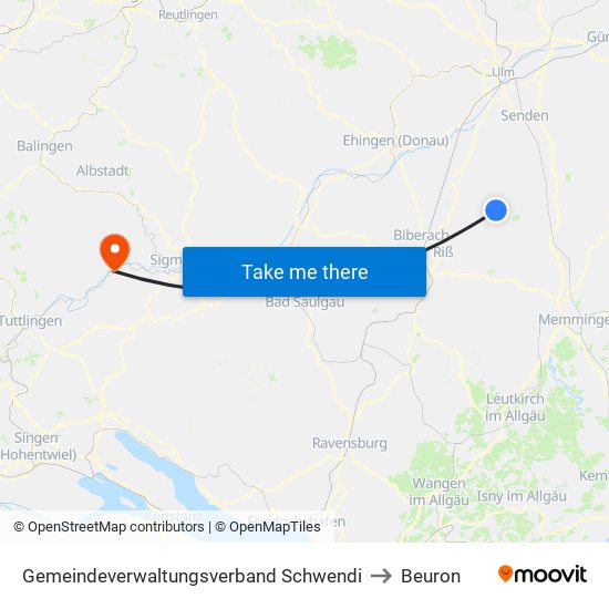 Gemeindeverwaltungsverband Schwendi to Beuron map