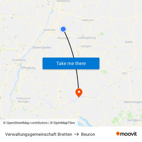 Verwaltungsgemeinschaft Bretten to Beuron map