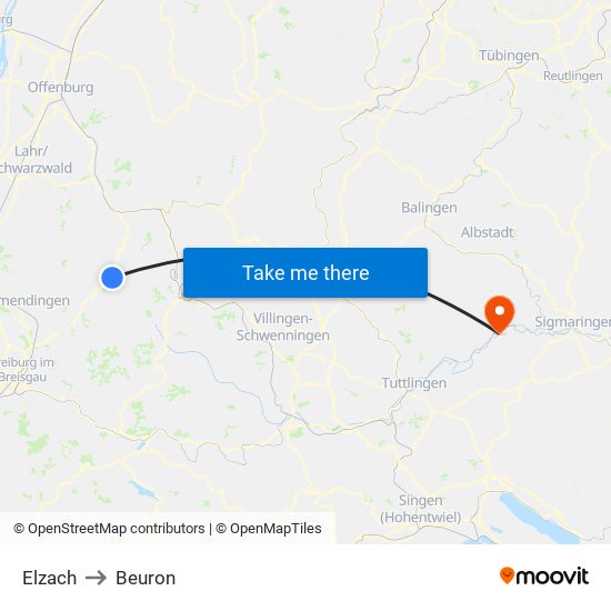 Elzach to Beuron map