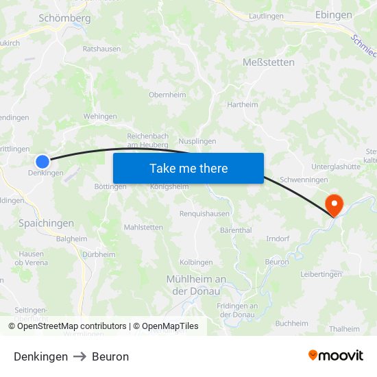 Denkingen to Beuron map