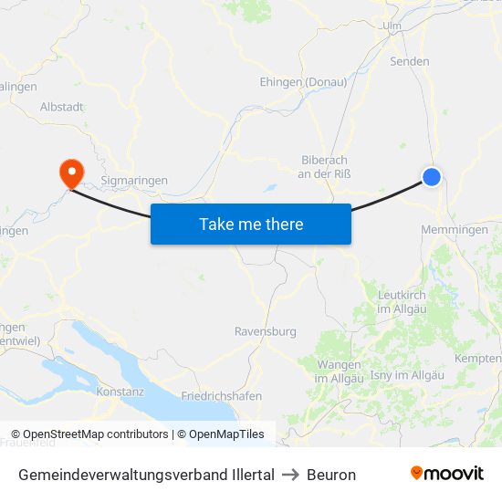 Gemeindeverwaltungsverband Illertal to Beuron map