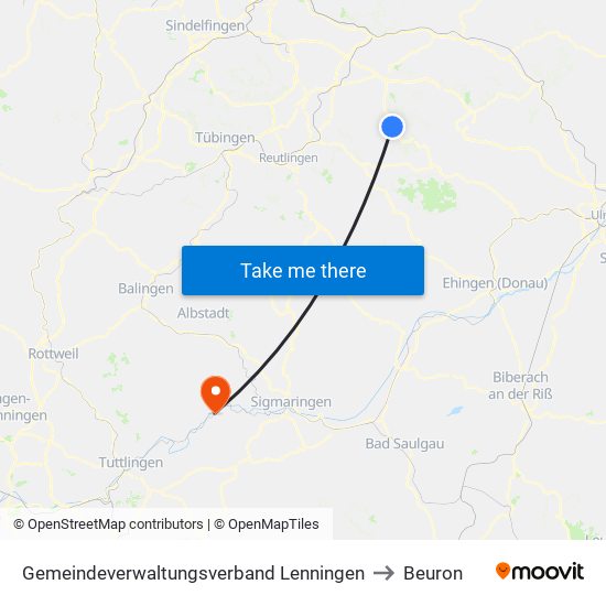 Gemeindeverwaltungsverband Lenningen to Beuron map