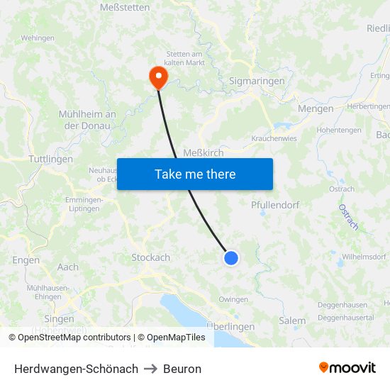 Herdwangen-Schönach to Beuron map