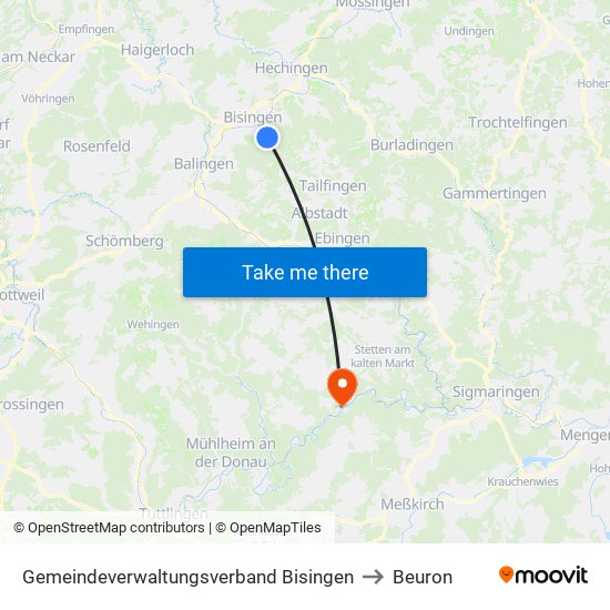 Gemeindeverwaltungsverband Bisingen to Beuron map