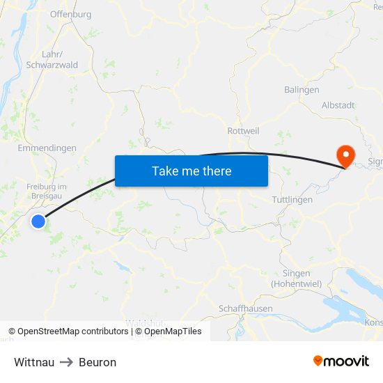 Wittnau to Beuron map