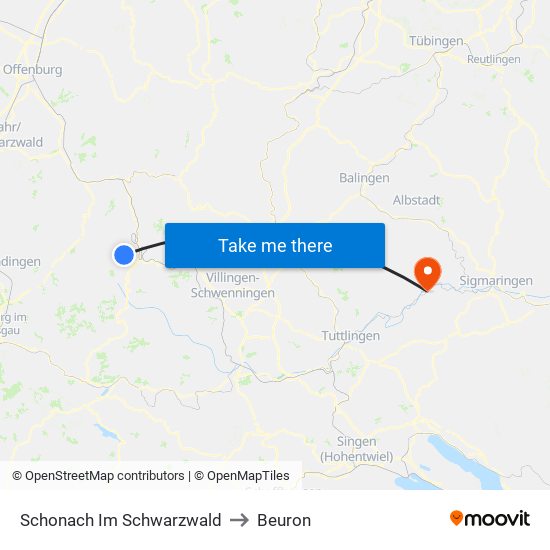 Schonach Im Schwarzwald to Beuron map