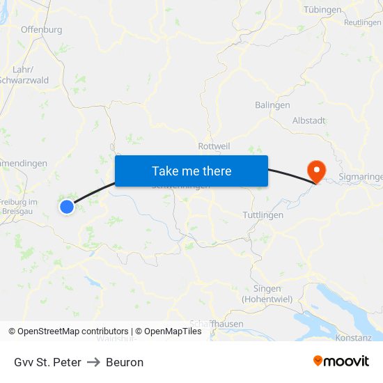 Gvv St. Peter to Beuron map