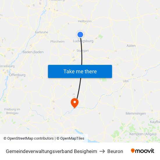 Gemeindeverwaltungsverband Besigheim to Beuron map