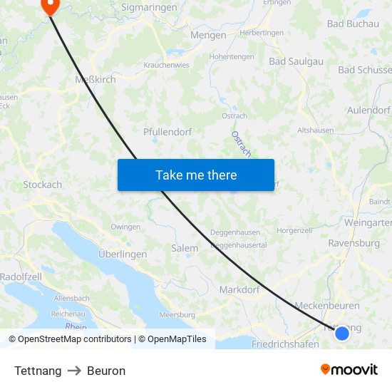 Tettnang to Beuron map