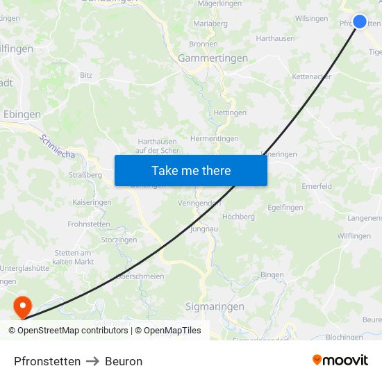 Pfronstetten to Beuron map