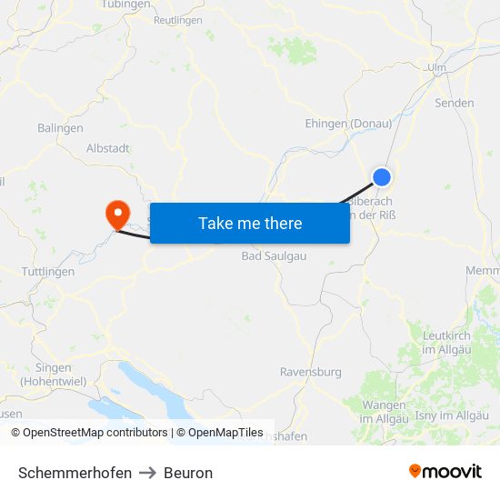 Schemmerhofen to Beuron map