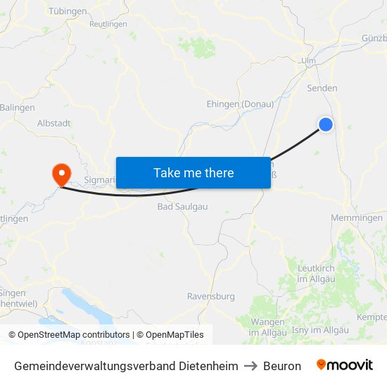 Gemeindeverwaltungsverband Dietenheim to Beuron map