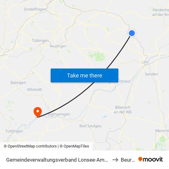 Gemeindeverwaltungsverband Lonsee-Amstetten to Beuron map