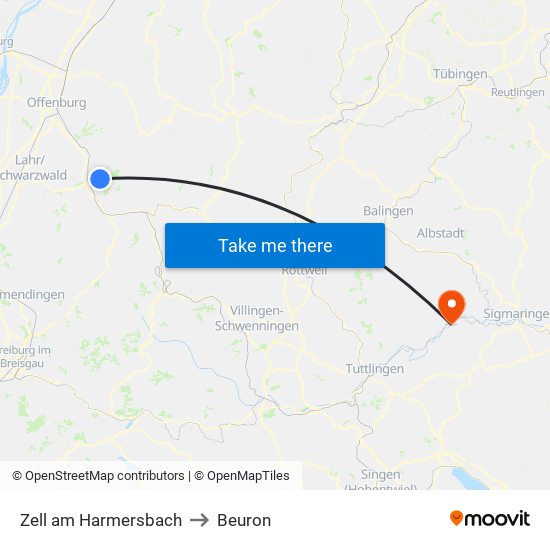 Zell am Harmersbach to Beuron map