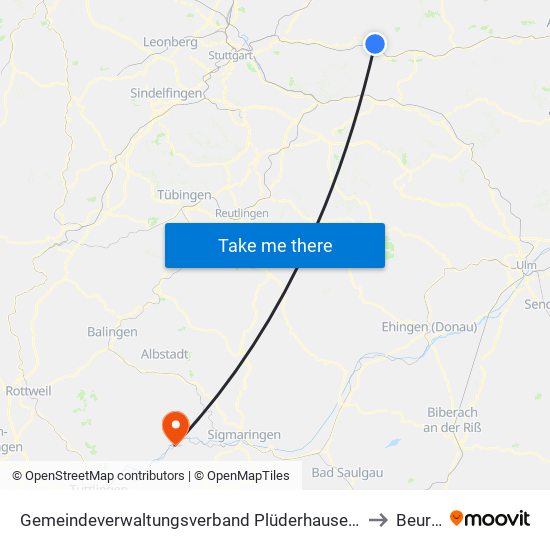 Gemeindeverwaltungsverband Plüderhausen-Urbach to Beuron map