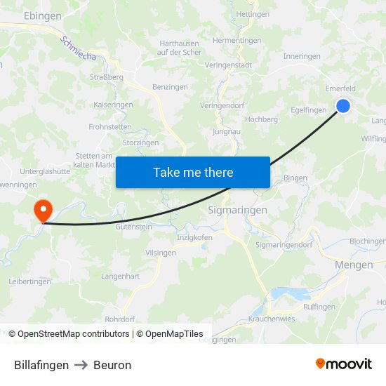 Billafingen to Beuron map