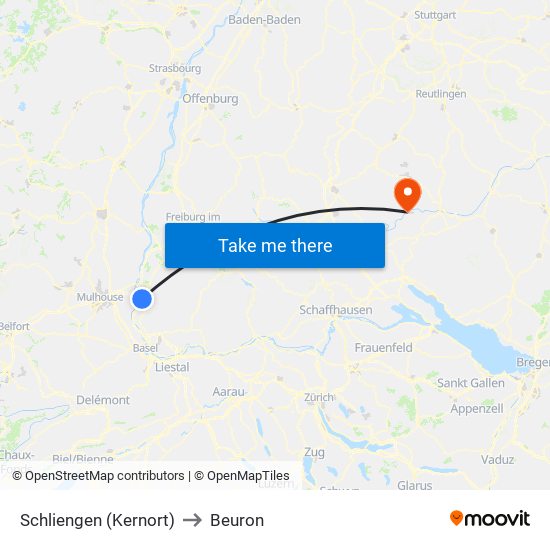 Schliengen (Kernort) to Beuron map