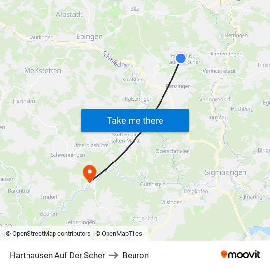 Harthausen Auf Der Scher to Beuron map