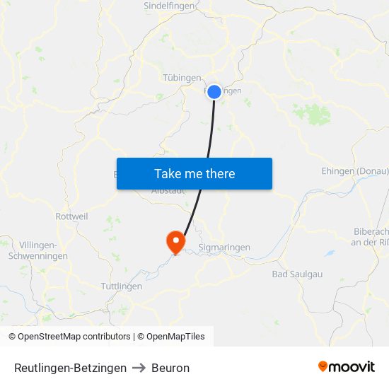 Reutlingen-Betzingen to Beuron map