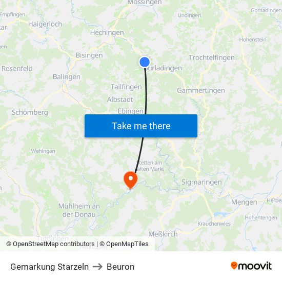 Gemarkung Starzeln to Beuron map