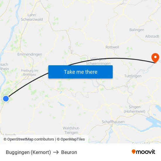 Buggingen (Kernort) to Beuron map