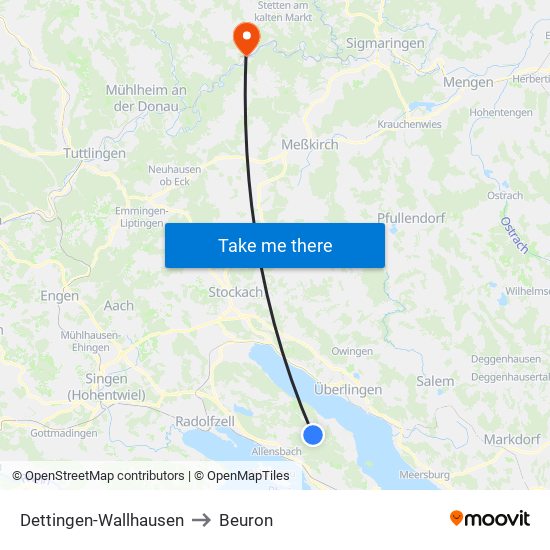 Dettingen-Wallhausen to Beuron map