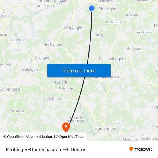 Reutlingen-Ohmenhausen to Beuron map