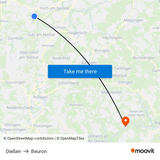 Dießen to Beuron map