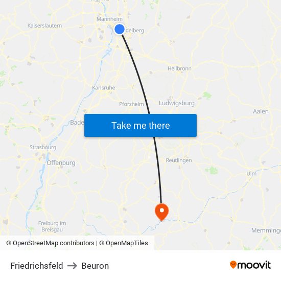 Friedrichsfeld to Beuron map