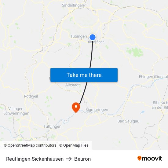 Reutlingen-Sickenhausen to Beuron map