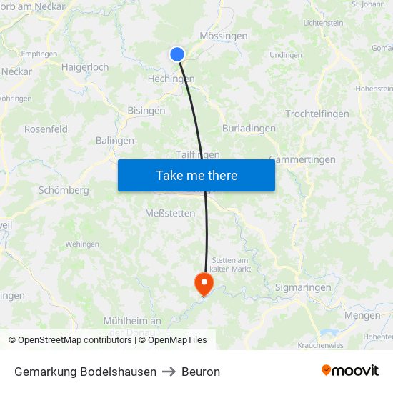Gemarkung Bodelshausen to Beuron map