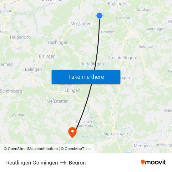 Reutlingen-Gönningen to Beuron map