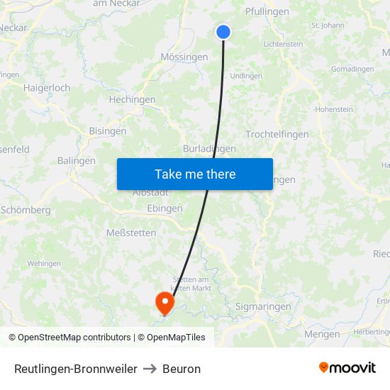 Reutlingen-Bronnweiler to Beuron map